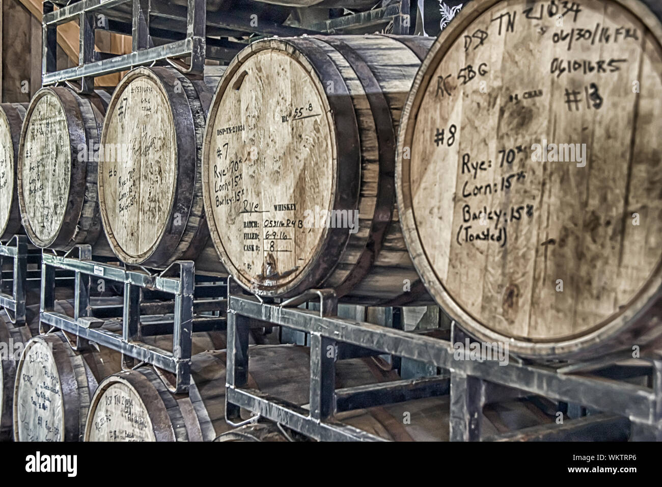 Barrels aging in warehouse of Tennessee whisky distillery Stock Photo