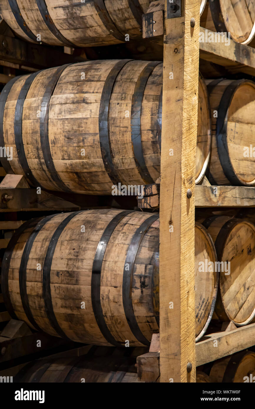 Stack of whisky barrels aging in barrel house in rural Tennessee Stock