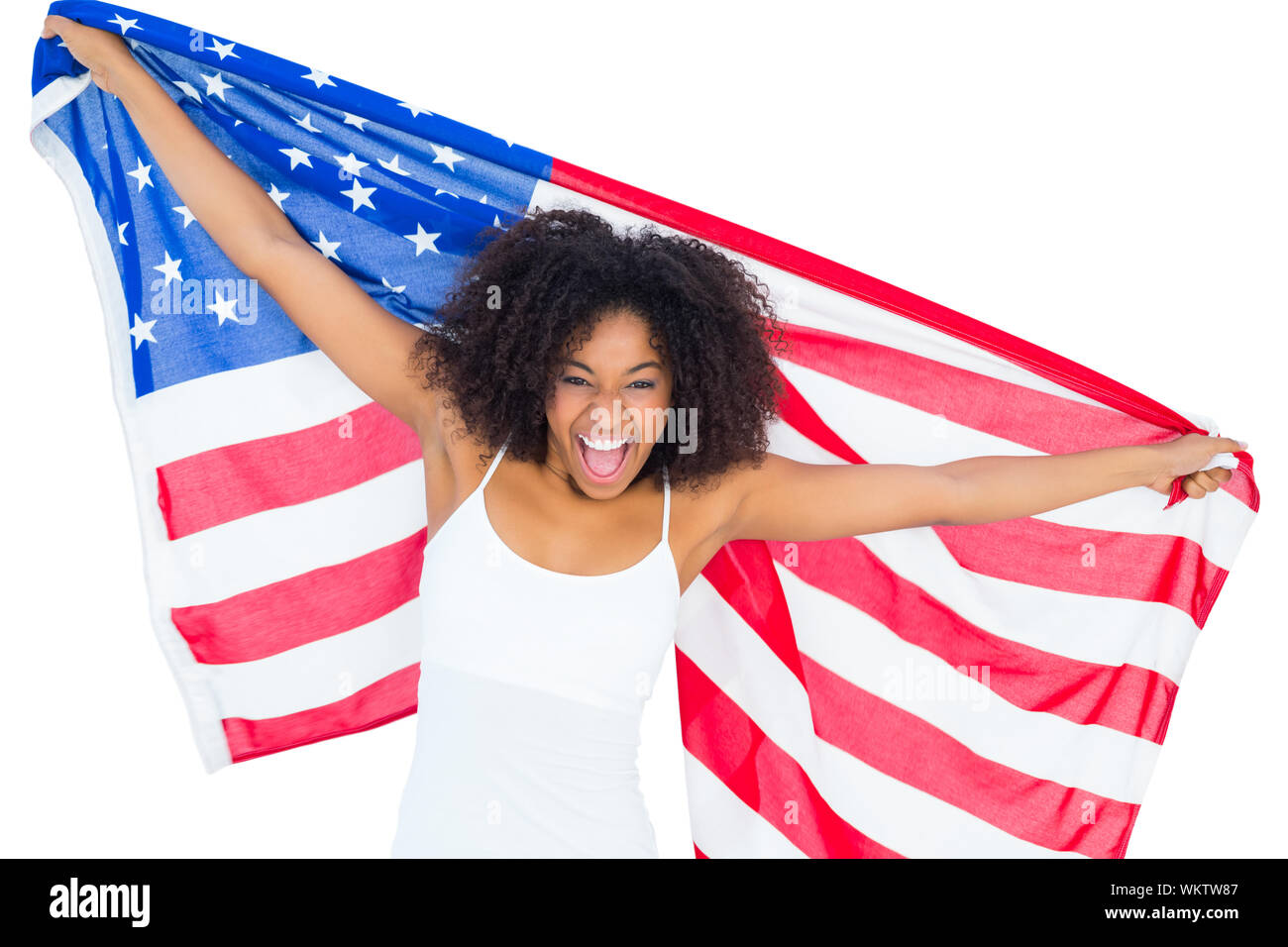Pretty cheering girl in white top holding american flag on white ...