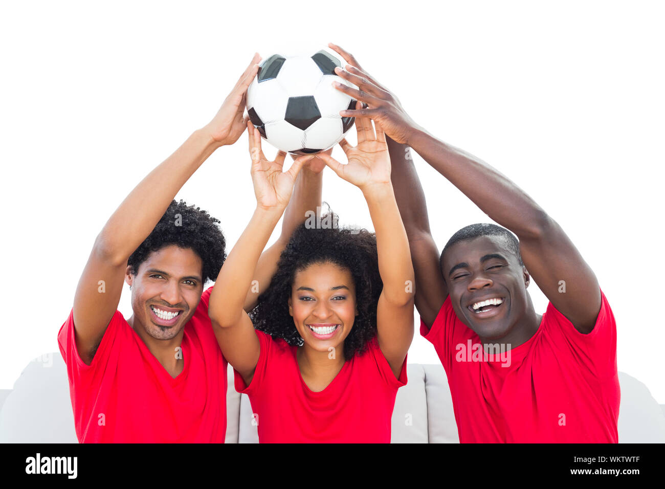 Happy football fans in red ball white Stock Photo - Alamy