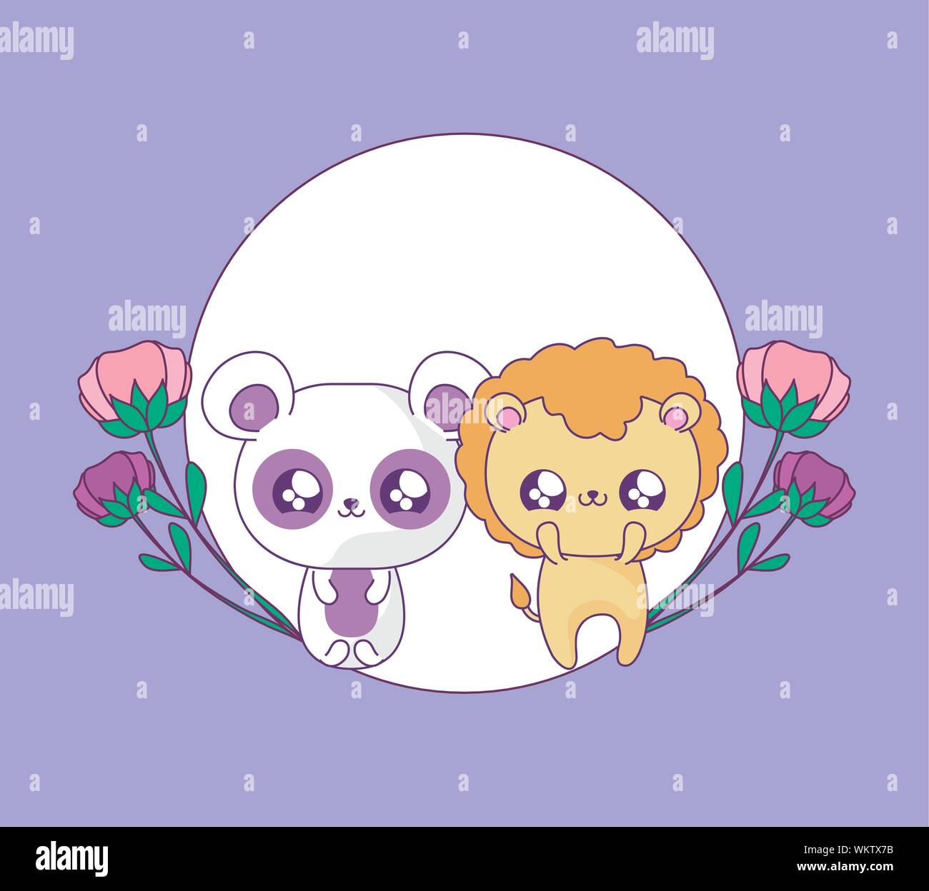 cute lion with panda bear baby animals kawaii vector illustration ...