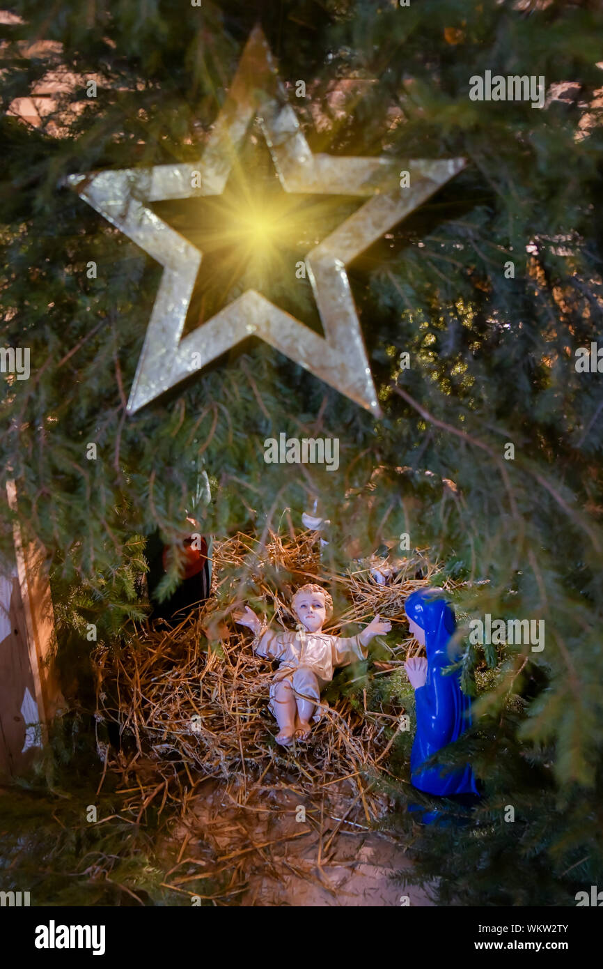 Christmas Nativity Scene With Baby Jesus Creche Stock Photo