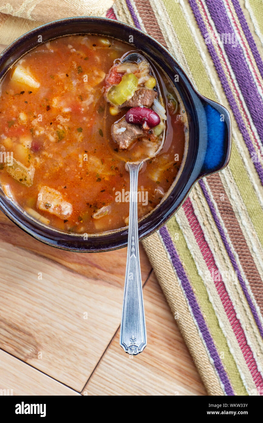 Slow cooker beef and vegetables soup with kidney beans and rice Stock