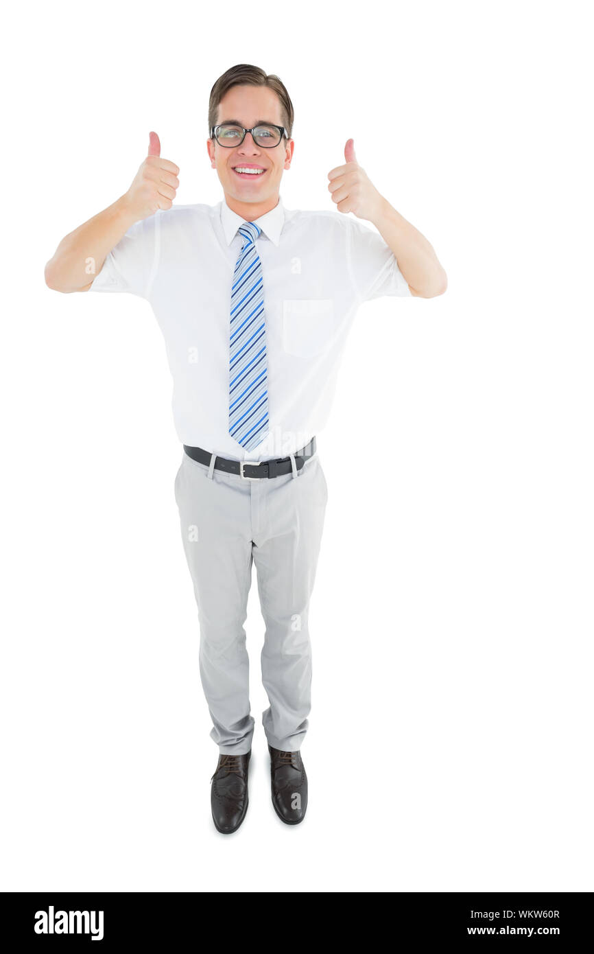Geeky happy businessman showing thumbs up on white background Stock ...