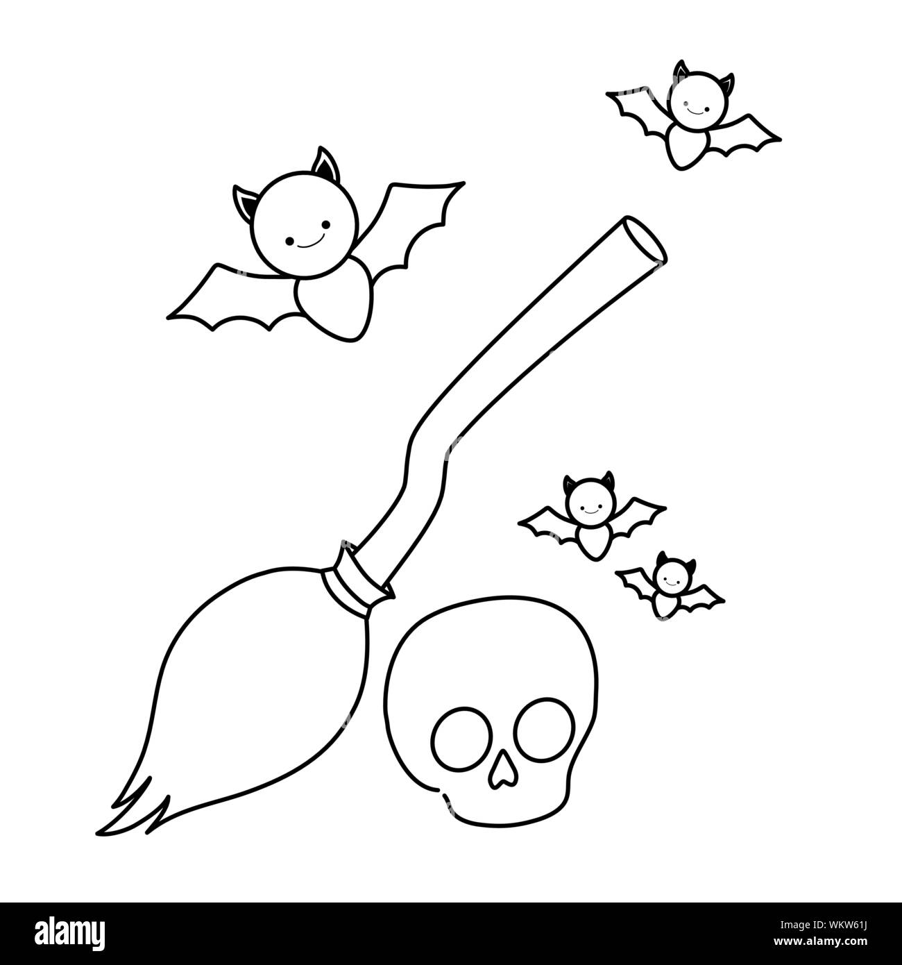 bats flying halloween with broom witch and skull vector illustration ...
