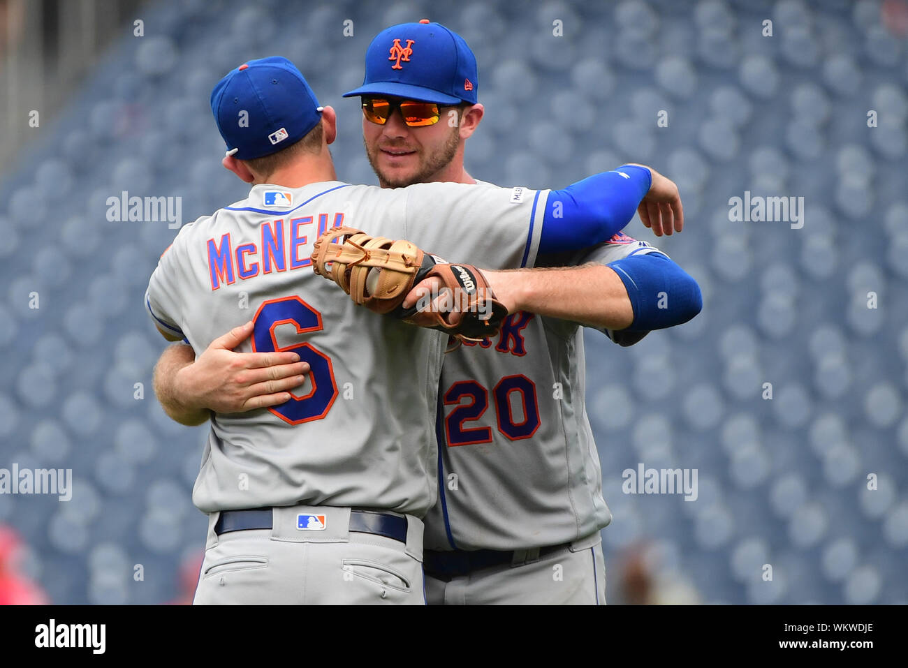 Washington, United States. 04th Sep, 2019. New York Mets left fielder Jeff McNeil (6) celebrates with Pete Alonso (20) celebrates with teammate Brandon Nimmo after the Mets defeated the Washington Nationals 8-4 at National Park in Washington, DC on Wednesday, September 4, 2019. Photo by Kevin Dietsch/UPI Credit: UPI/Alamy Live News Stock Photo