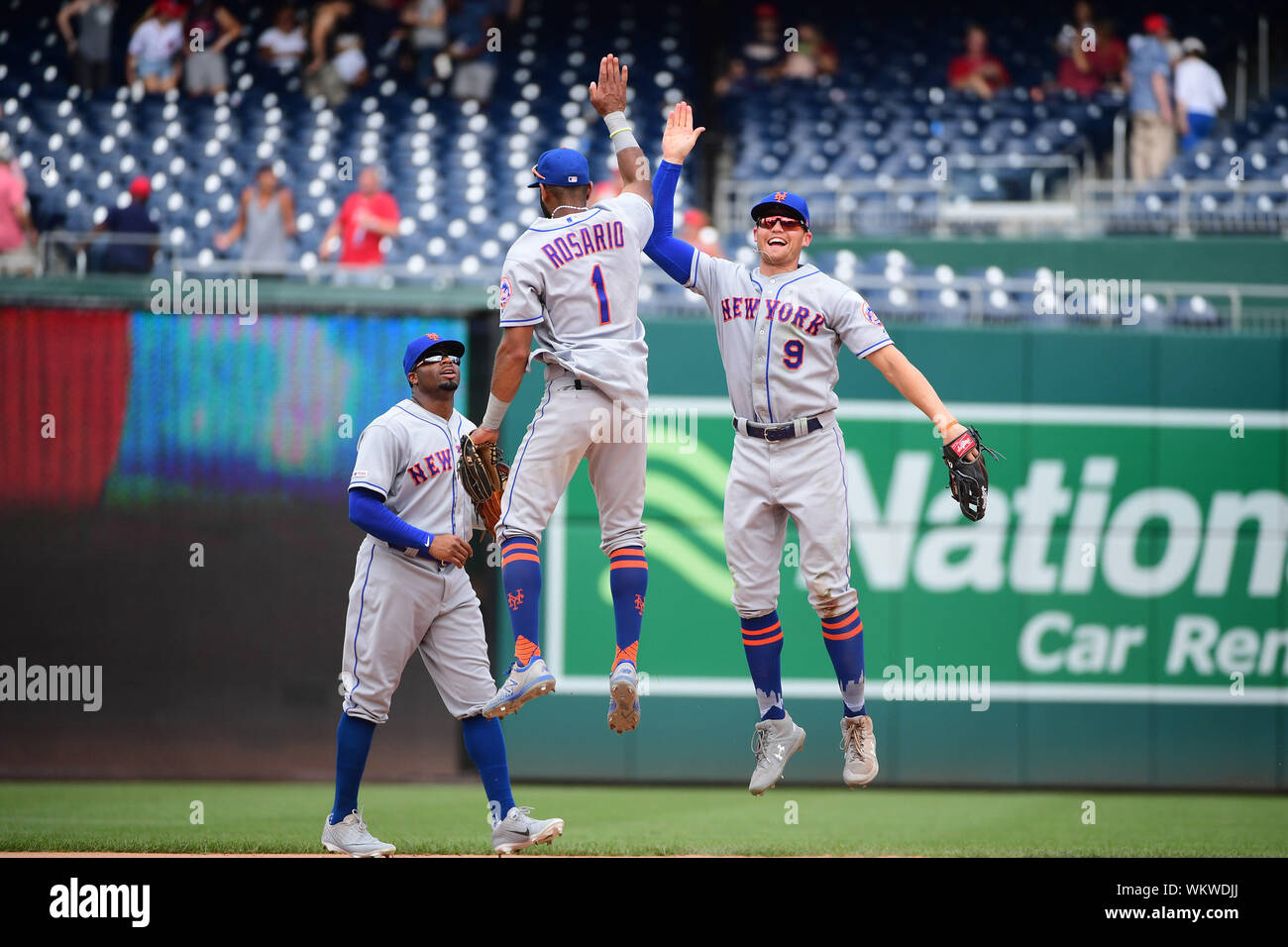 Washington, United States. 04th Sep, 2019. New York Mets shortstop Amed Rosario (1) celebrates with teammate Brandon Nimmo after the Mets defeated the Washington Nationals 8-4 at National Park in Washington, DC on Wednesday, September 4, 2019. Photo by Kevin Dietsch/UPI Credit: UPI/Alamy Live News Stock Photo