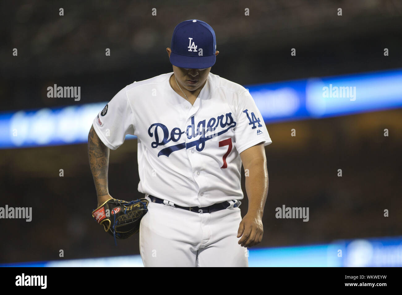 Los Angeles, CALIFORNIA, USA. 3rd Sep, 2019. Pitcher Julio Urias #7 of the  Los Angeles Dodgers during the MLB game against the Colorado Rockies at  Dodger Stadium on September 03, 2019 in