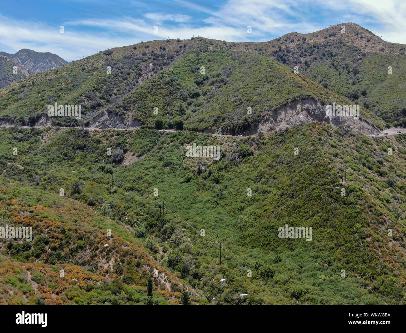 Aerial view of  Angeles National Forests mountain, California, USA. Green mountain during hot summer season Stock Photo