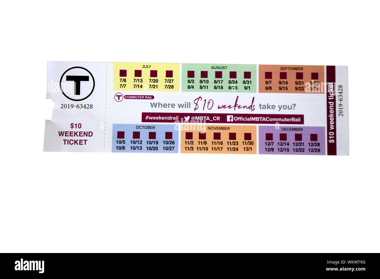 A Massachusetts Bay Transportation Authority (MBTA) commuter rail $10 Weekend Ticket for unlimited travel on the weekends isolated on white background Stock Photo