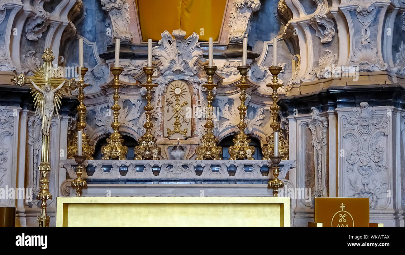 Porto, Portugal, July 19, 2019:  View of the Main Altar iside of Clerigos Church (Igreja dos Clerigos in Portuguese) in Porto, Portugal Stock Photo