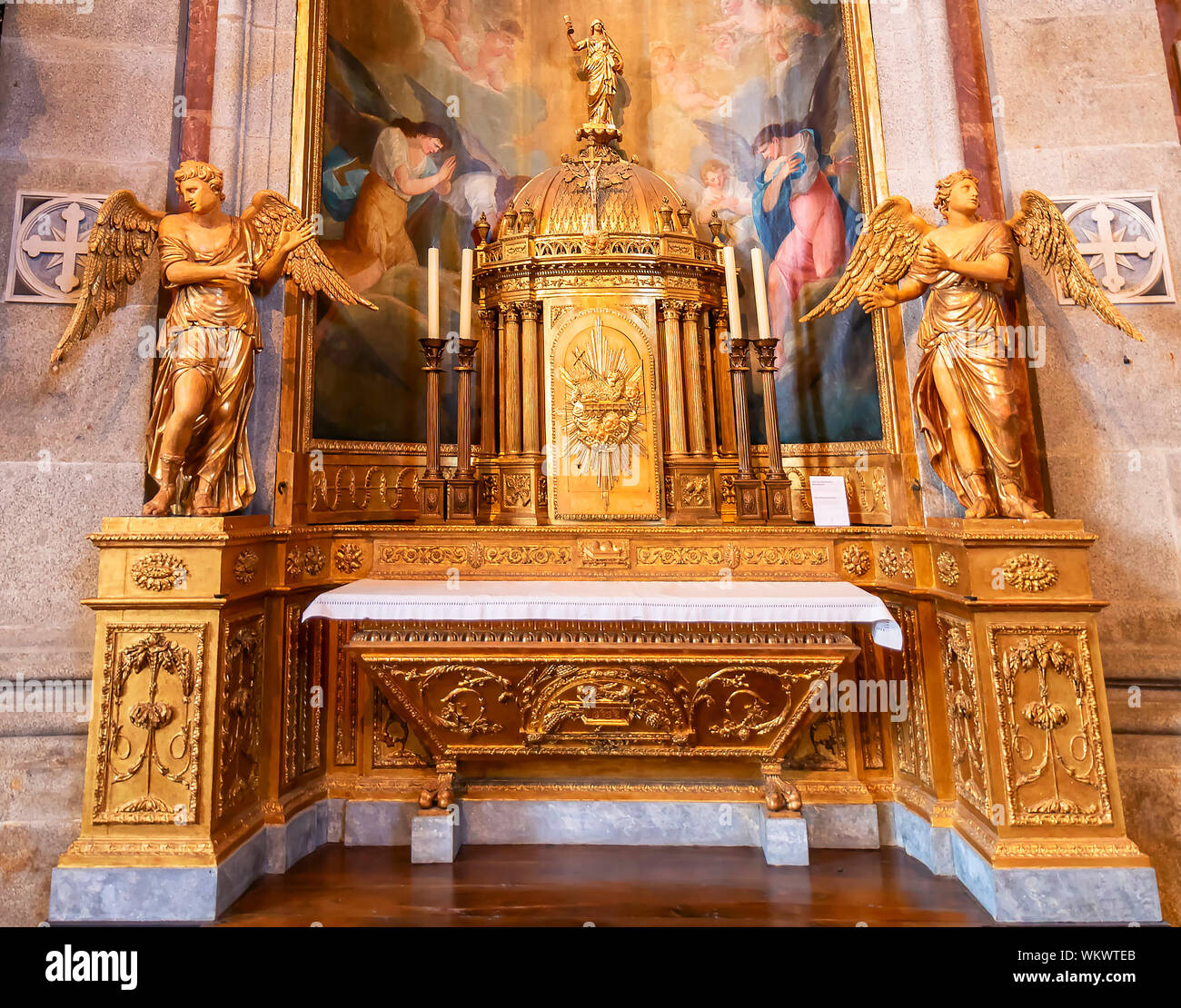 Porto, Portugal, July 19, 2019:  View Golden Tabernacle with consecrated hosts inside  of Clerigos Church (Igreja dos Clerigos in Portuguese) in Porto Stock Photo