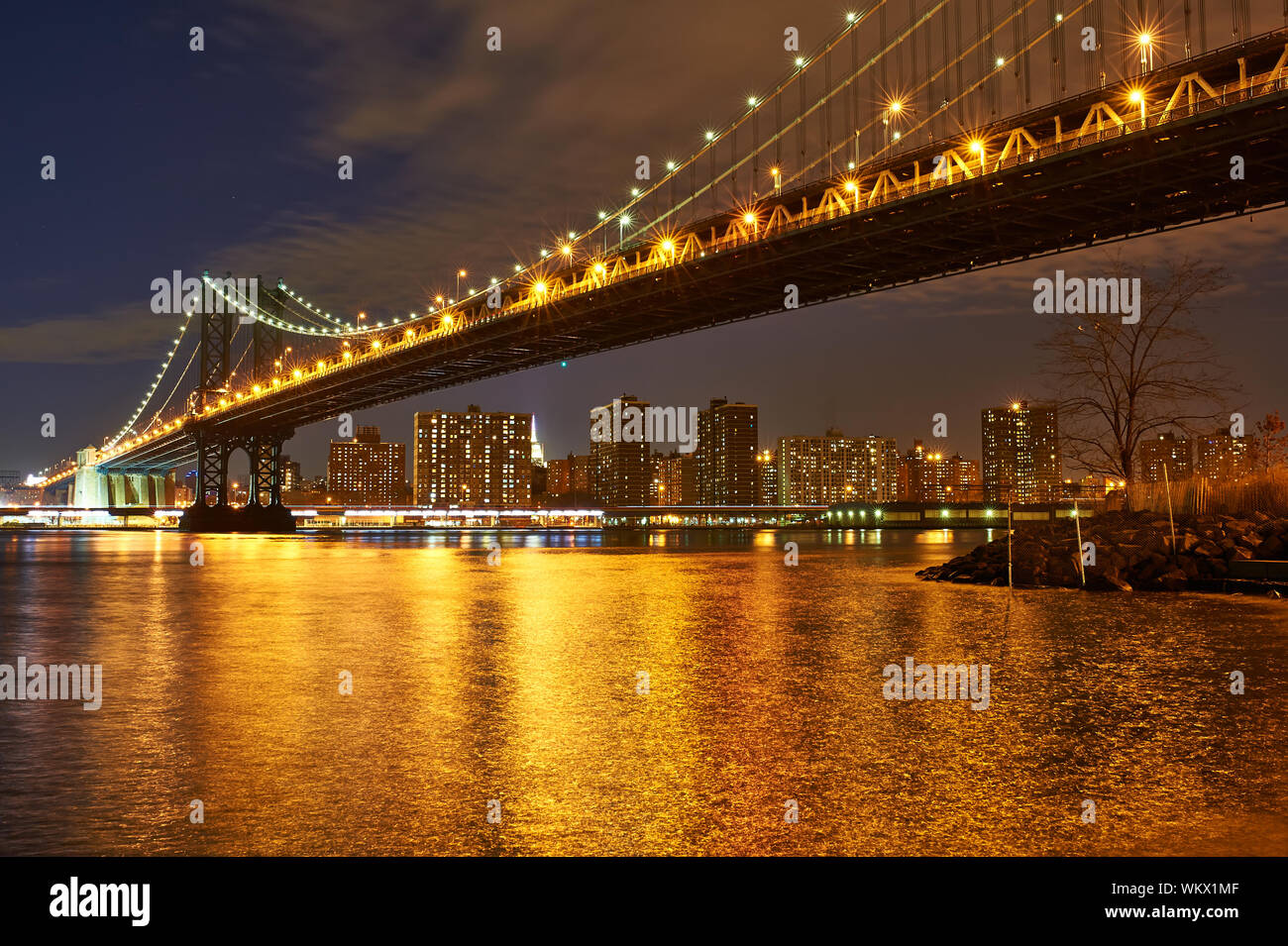 Manhattan Bridge and skyline view from Brooklyn in New York City at ...