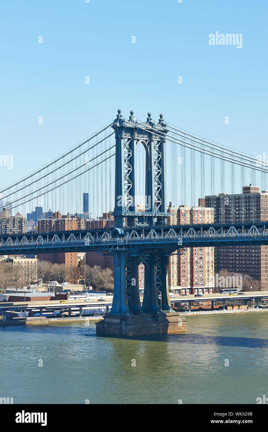 Manhattan Bridge and skyline view from Brooklyn Bridge in New York City ...