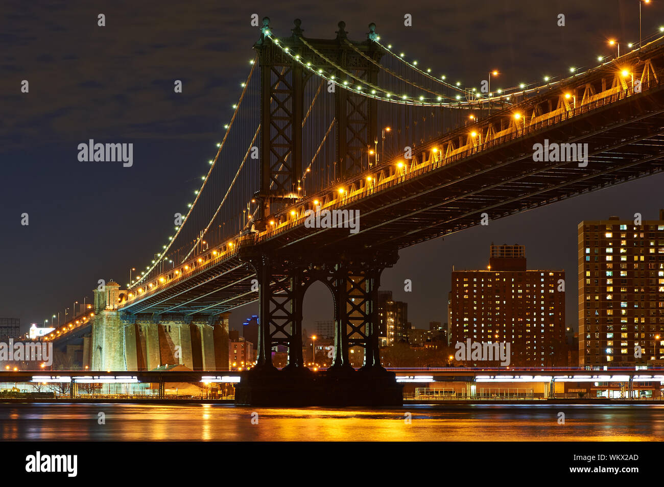 Manhattan Bridge and skyline view from Brooklyn in New York City at ...