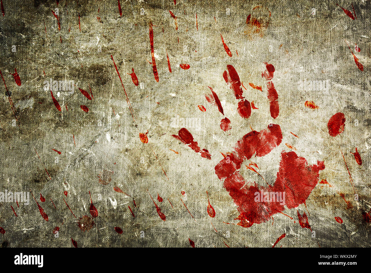 Bloody hand print and blood splatter on a grungy wall Stock Photo - Alamy