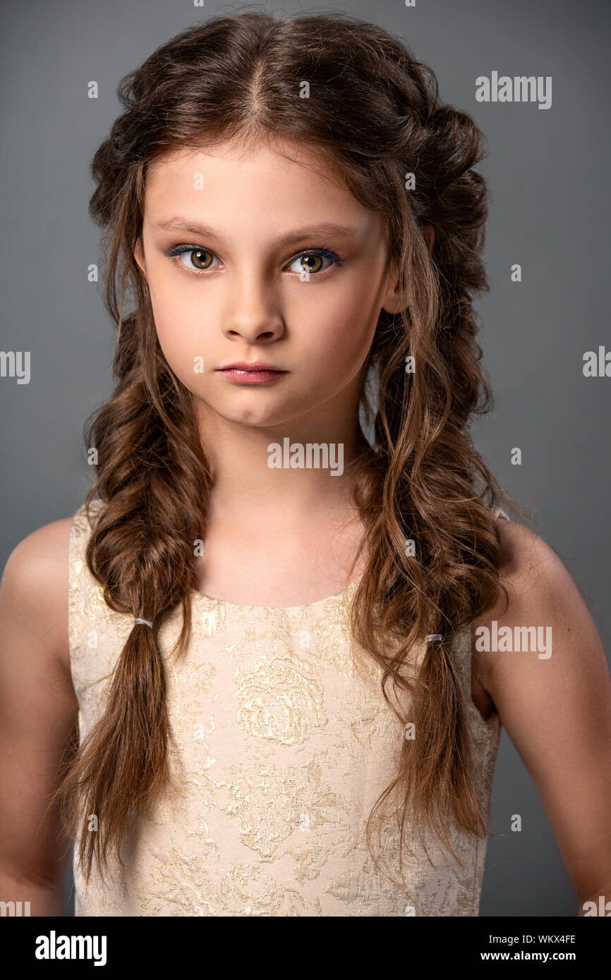 Beauty portrait of wedding clean makeup kid girl with stylish hairstyle.  Closeup blonde girl in white dress. Boho braid. Wedding hairstyle. Closeup  Stock Photo - Alamy
