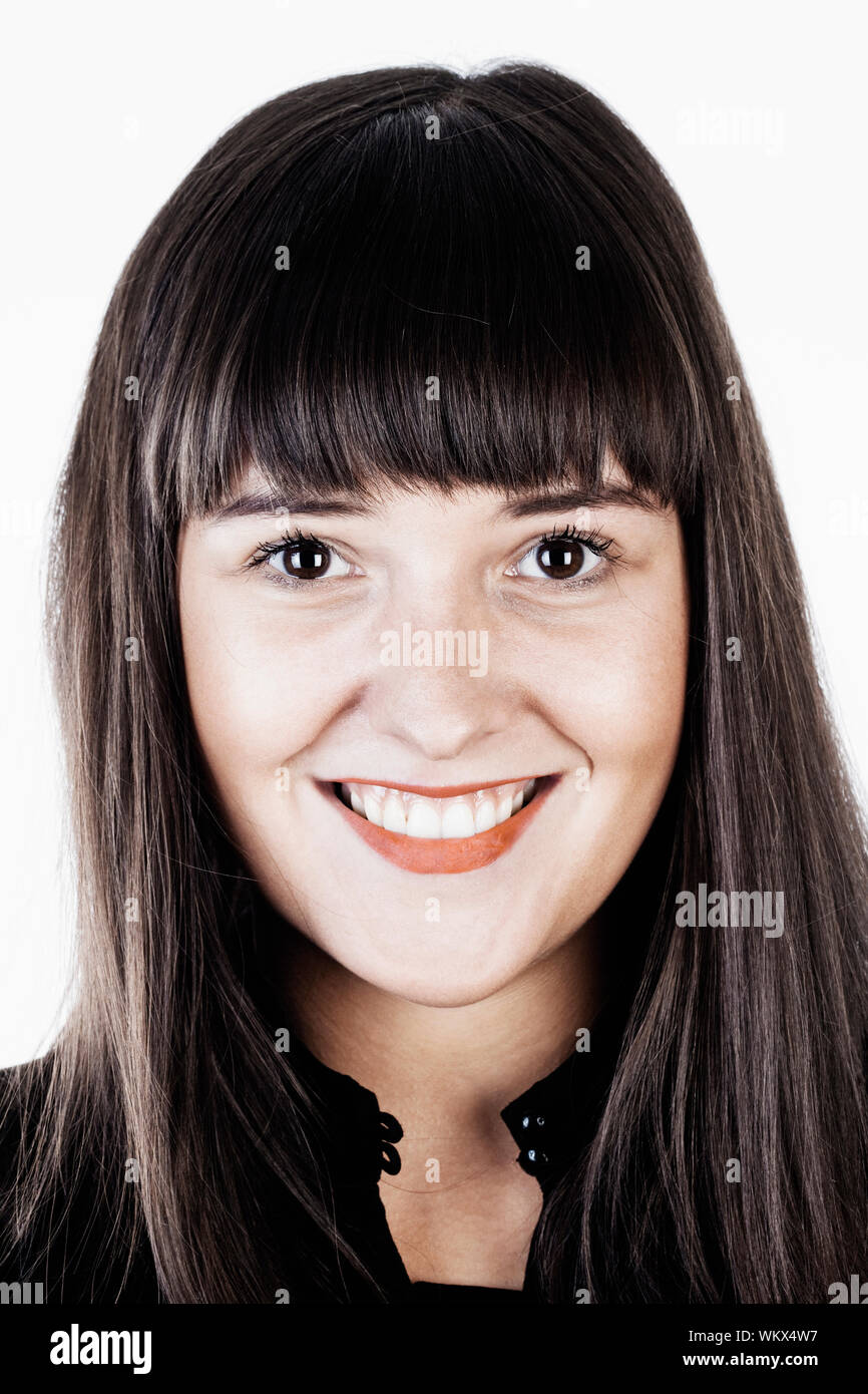 Portrait of a Young Woman with Brown Hair Smiling Stock Photo - Alamy