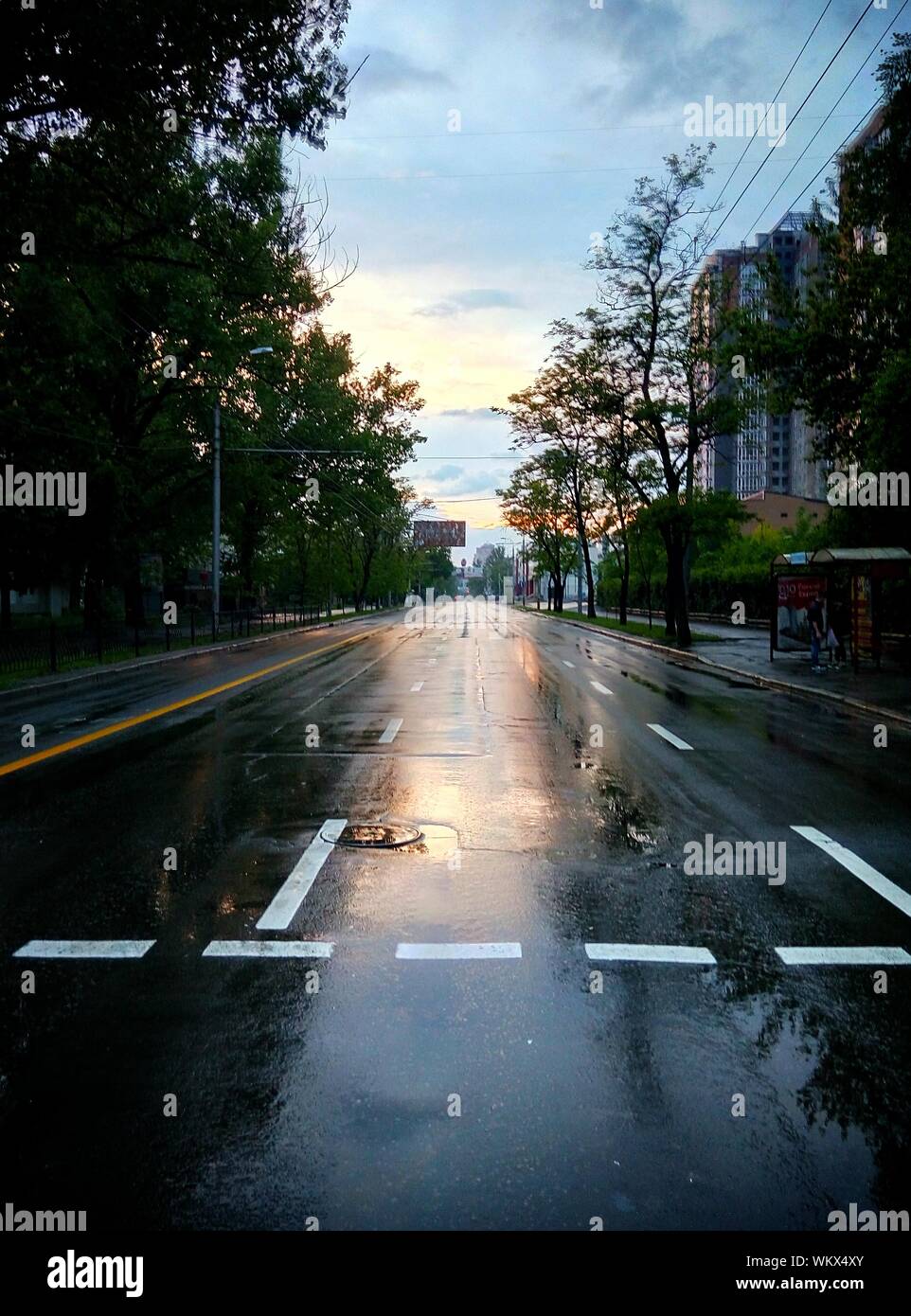 Empty Wet Road In Donetsk Stock Photo