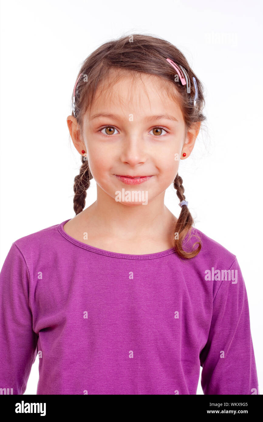 portrait of a little girl with braids - isolated on white Stock Photo ...