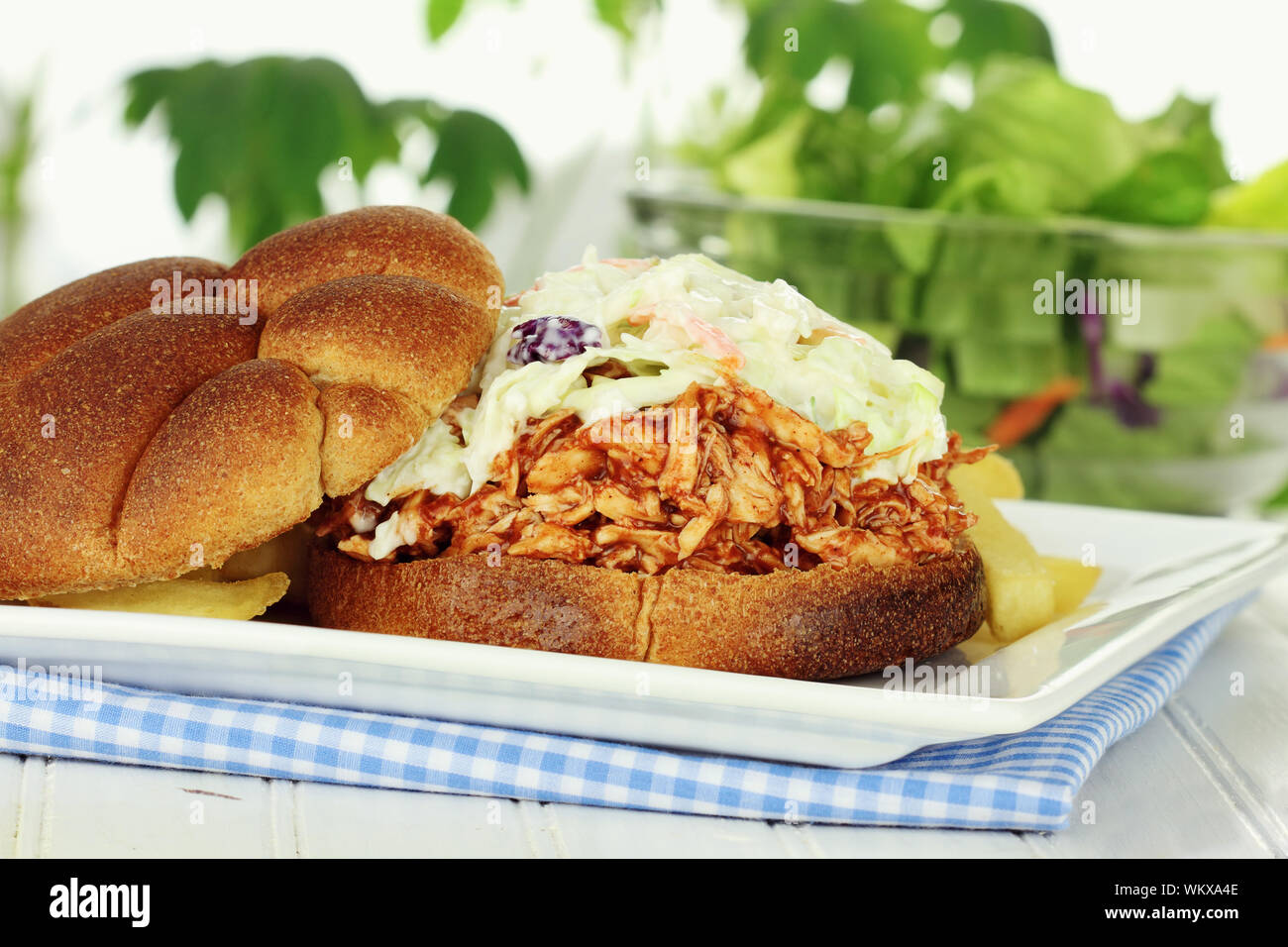 Slaw burger with whole wheat buns, fries and salad. Stock Photo