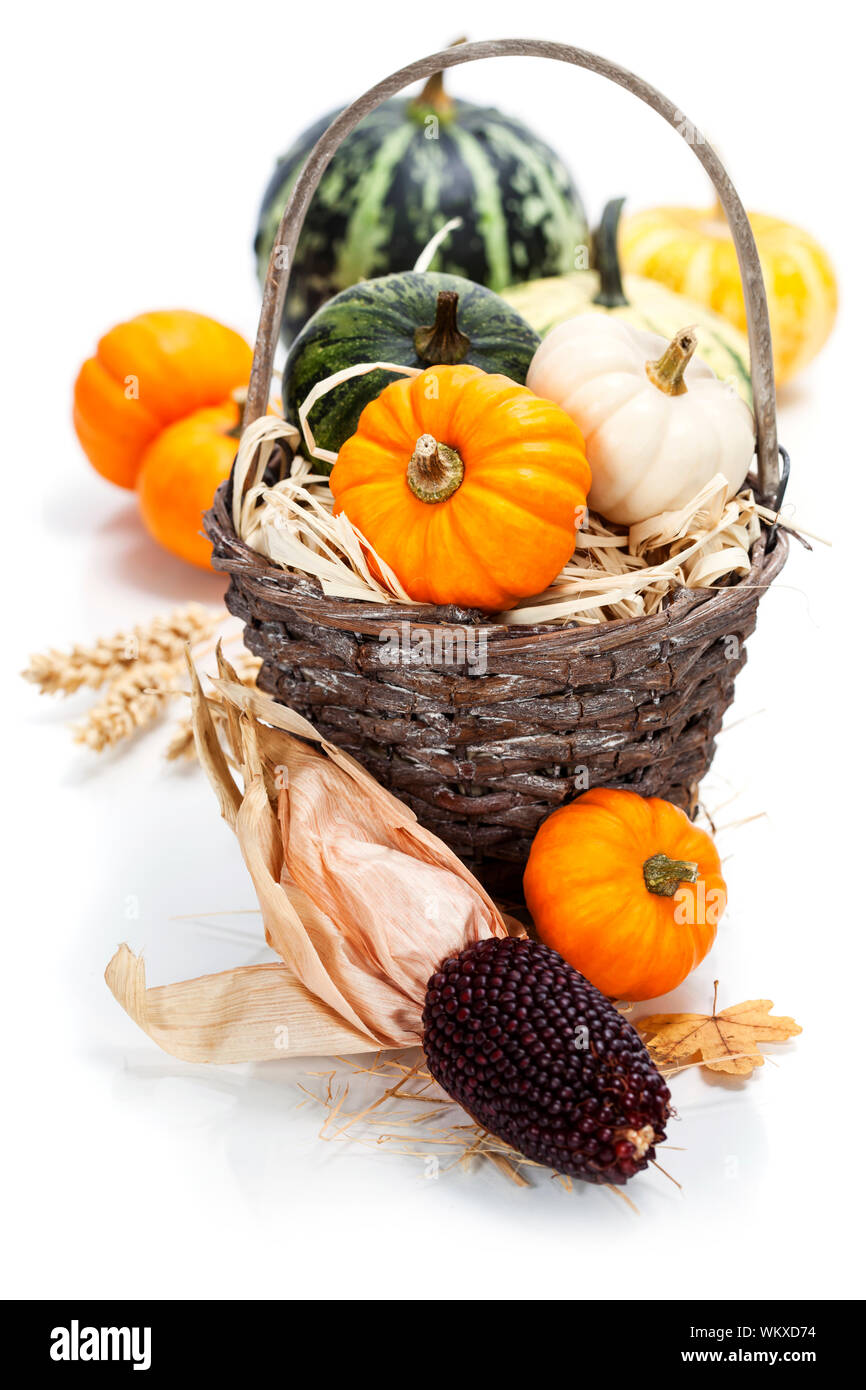 Autumn composition ( pumpkins and corn on old wooden table ...