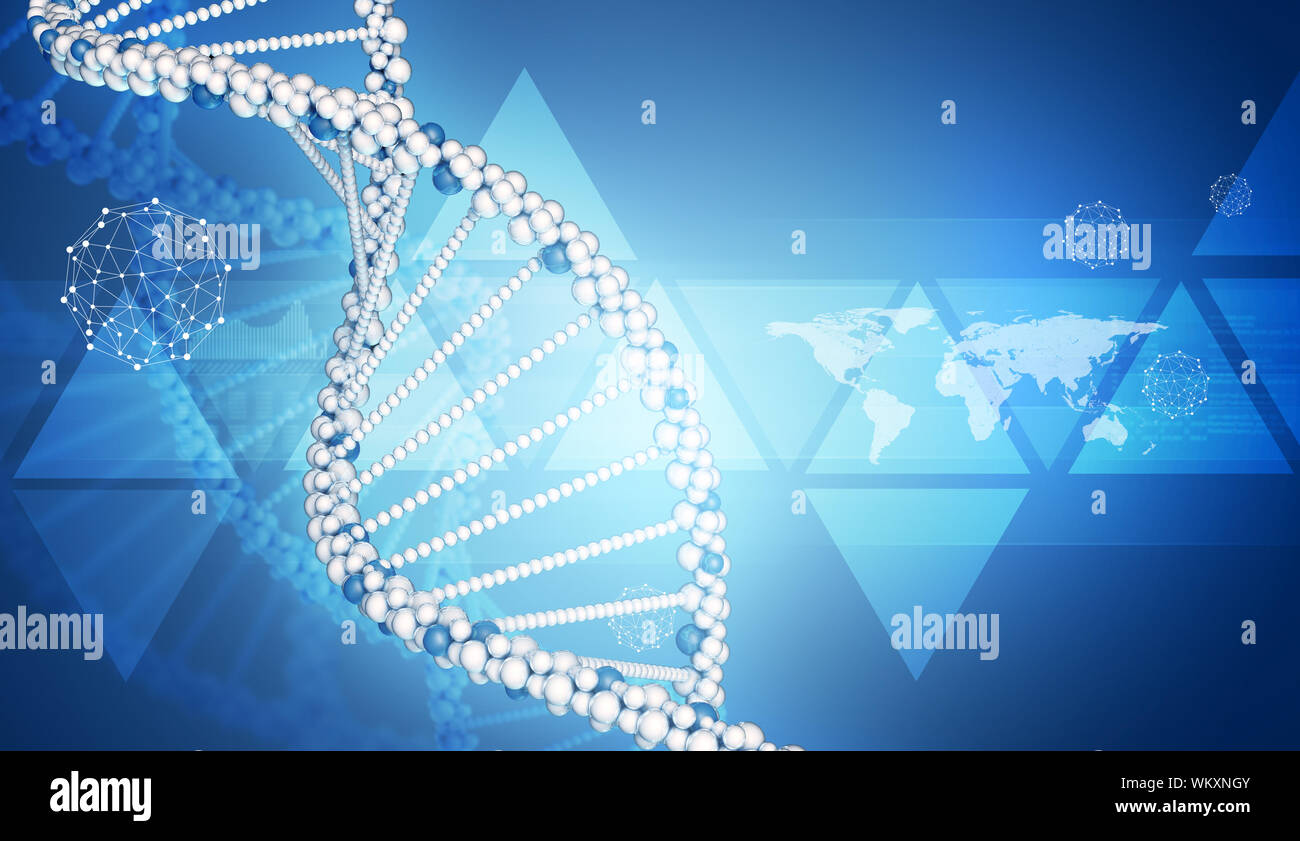 Dna Screen Gradient Map DNA model with triangles, wire-frame sphere and world map. Blue ...