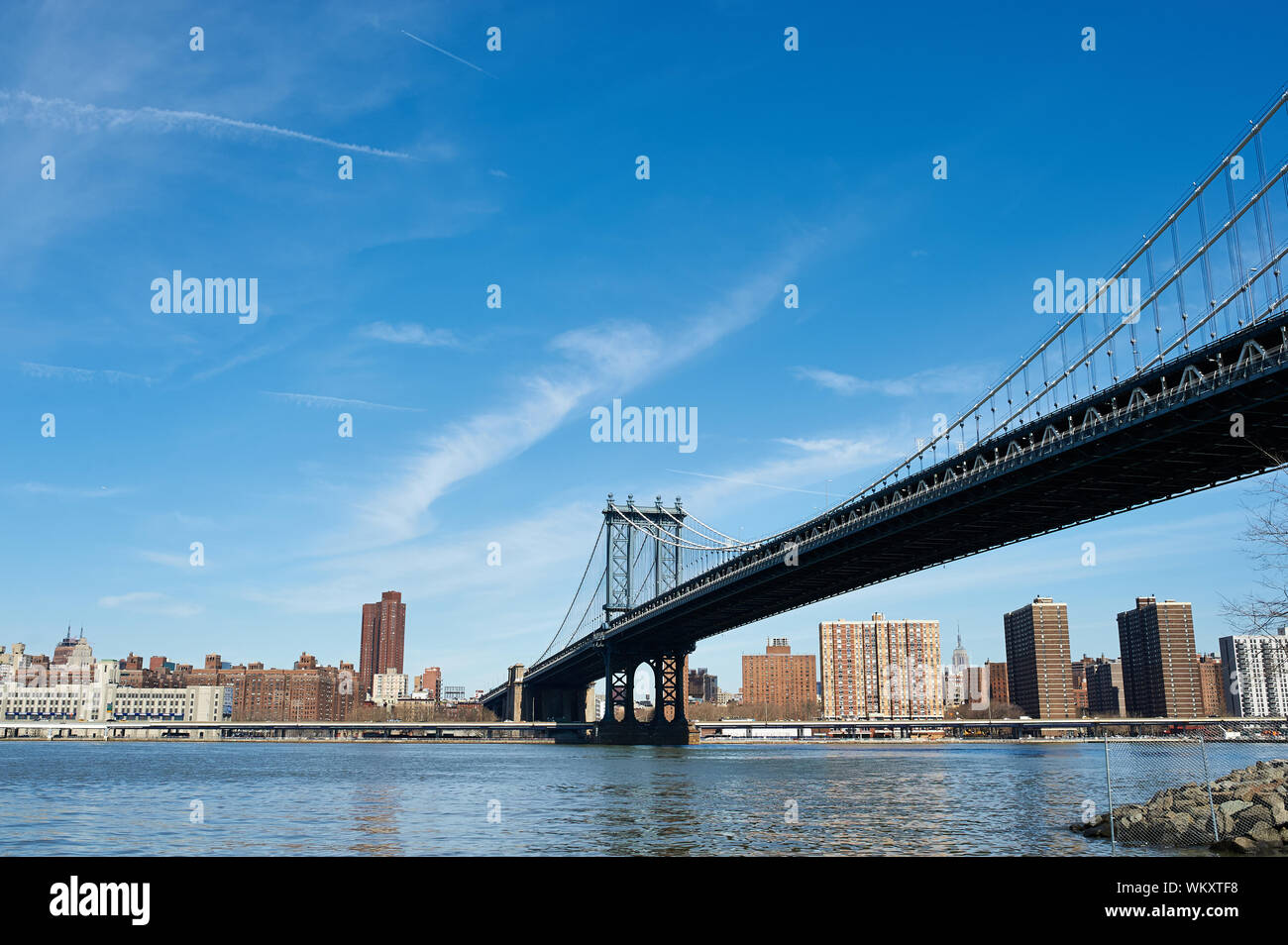 Manhattan Bridge and skyline view from Brooklyn in New York City Stock ...