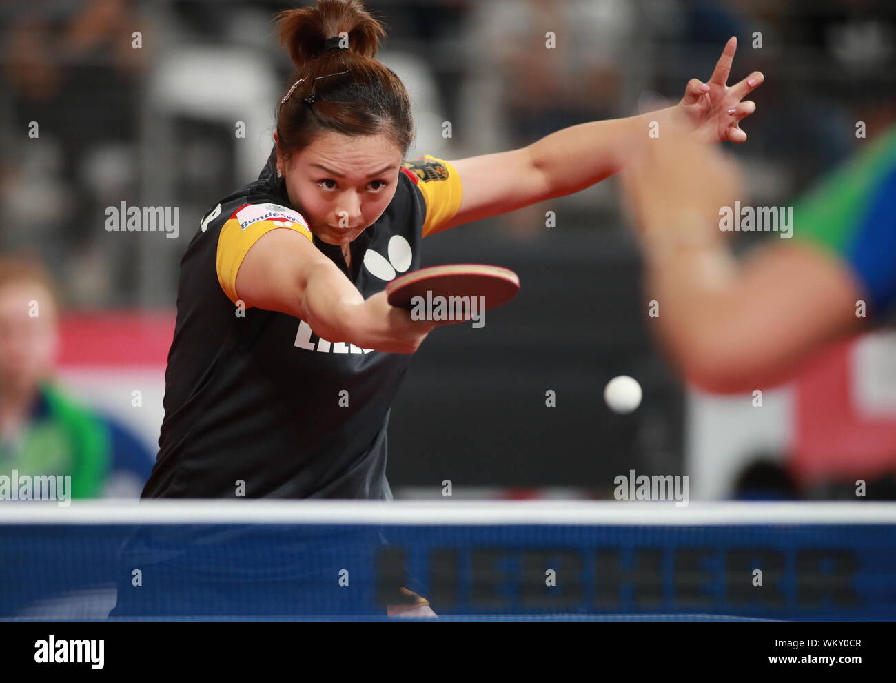 04 September 2019, France (France), Nantes: Table tennis, women: EM, team,  Germany - Slovenia; preliminary round, group B, 2nd matchday, Wan (Germany)  against Jancarik (Slovenia): Yuan Wan in action. Photo: Remy Gros/dpa