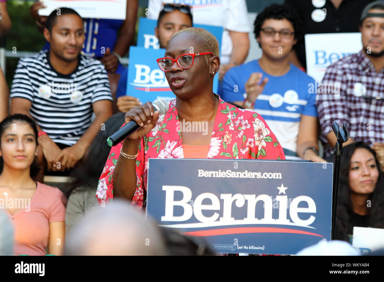 Nina Turner, national co-chair of Bernie Sanders's 2020 presidential campaign introduces him during his climate change crisis townhall in Myrtle Beach Stock Photo