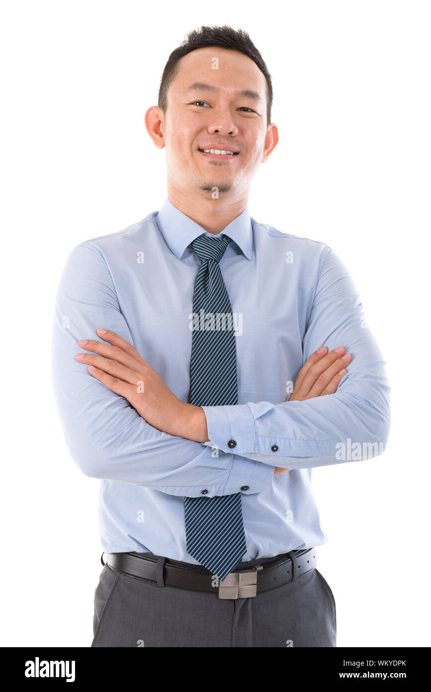 Confident Asian business man smiling, standing isolated over white ...
