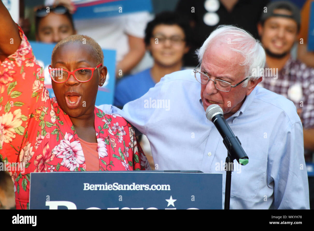 Nina Turner and Bernie Sanders's on stage together at Sander's climate change crisis townhall in Myrtle Beach, SC on August 29, 2019. Stock Photo