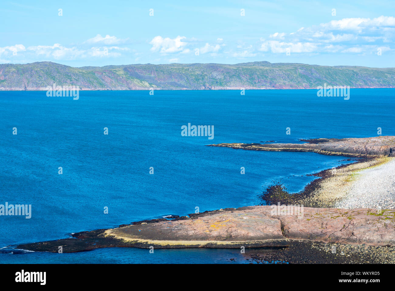 The shore of the Barents Sea (The Arctic ocean), view from the cliff . Near Teriberka, Murmansk, Russia. Stock Photo