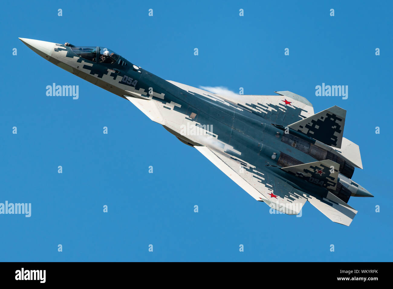 The Sukhoi Su-57 stealth fighter jet of the Russian Air Force at the MAKS 2019 airshow. Stock Photo
