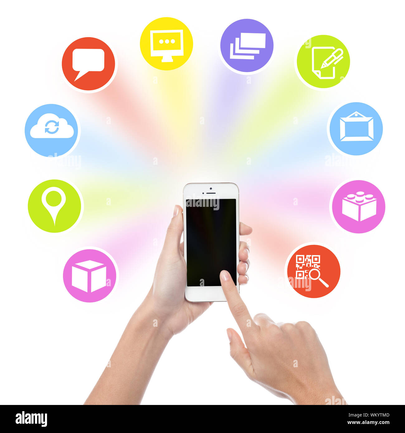 Hand using mobile phone with colorful application icons Stock Photo - Alamy