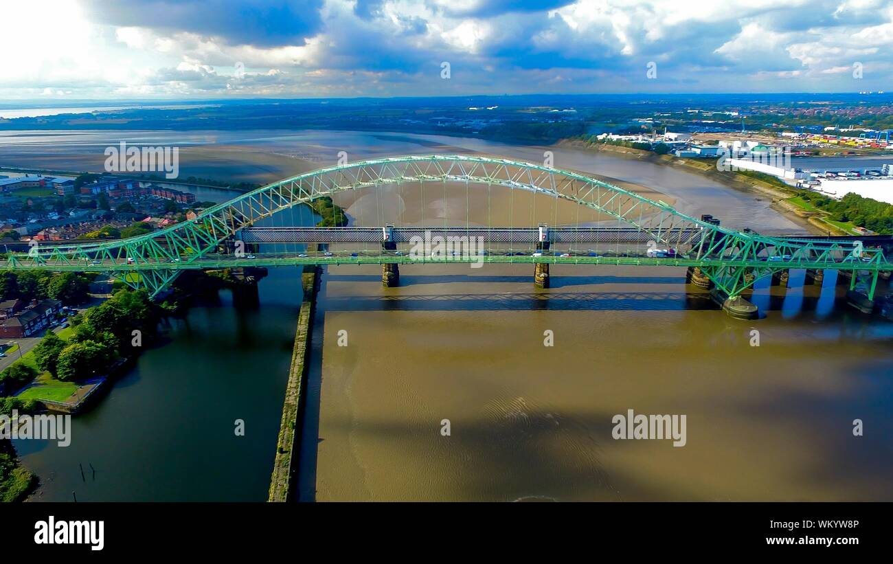 High Angle View Of Silver Jubilee Bridge Over River On Sunny Day Stock Photo