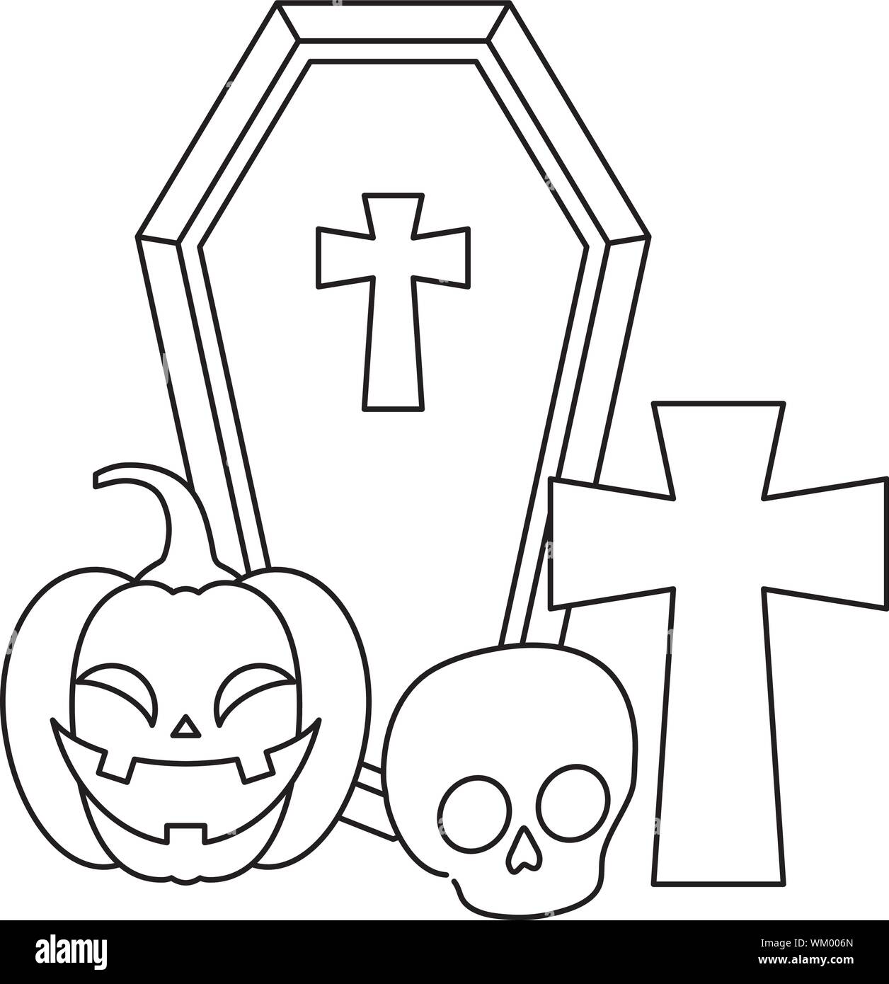 pumpkin with coffin and icons halloween vector illustration design ...