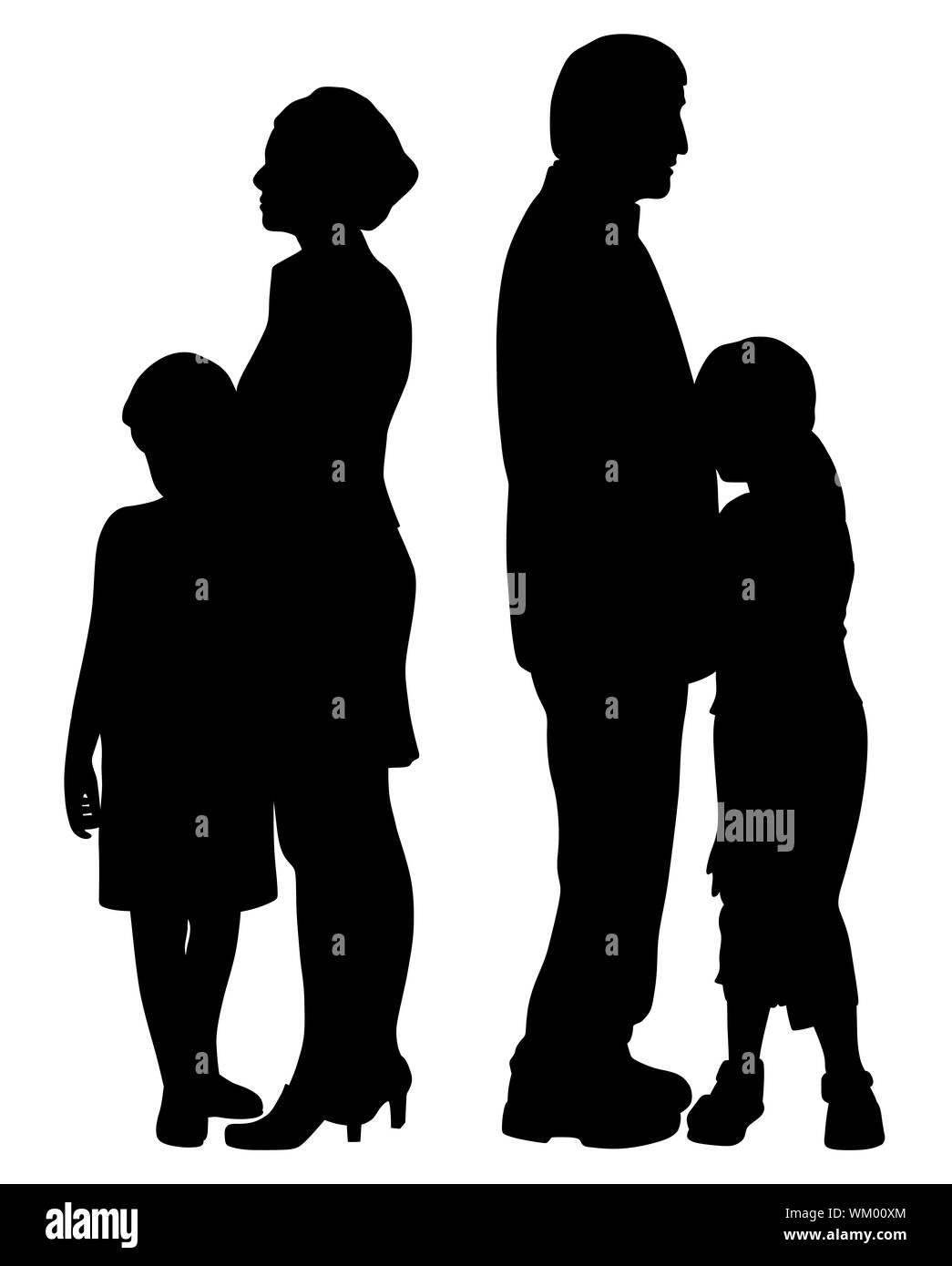 Divorced separated parents with their two sad unhappy separated children. Family split and child custody concept. Stock Photo