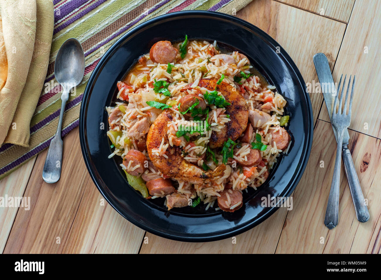 Creole bowl of chicken shrimp and andouille sausage Jambalaya with rice