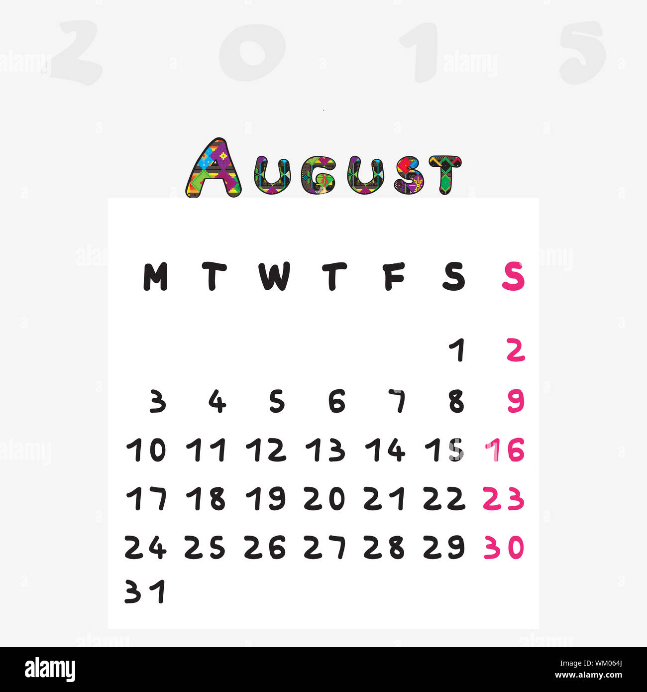 Calendar 15 Graphic Illustration Of August Monthly Calendar With Original Hand Drawn Text And Colored Capital Letters For Kids Stock Photo Alamy