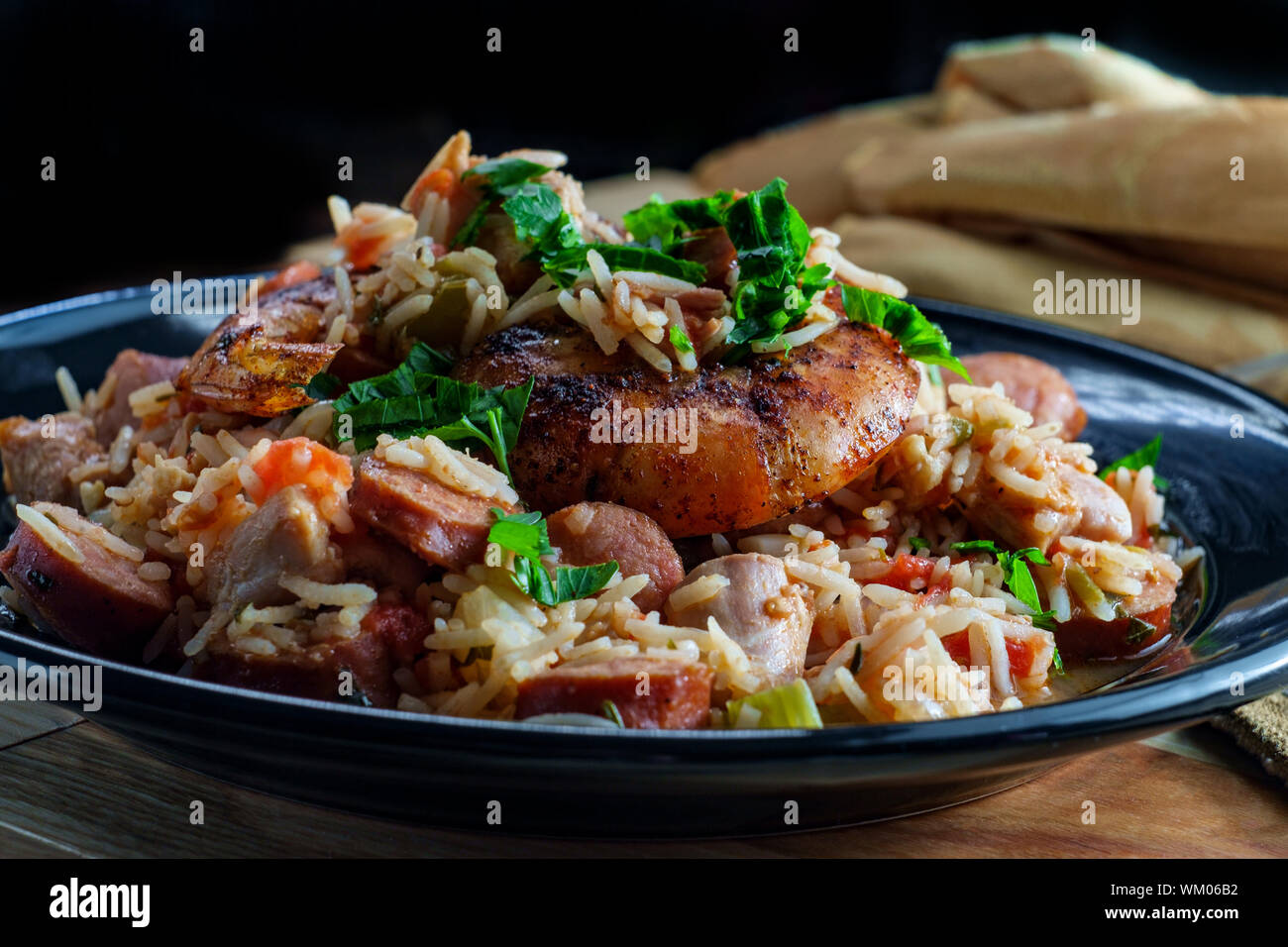 Creole bowl of chicken shrimp and andouille sausage Jambalaya with rice