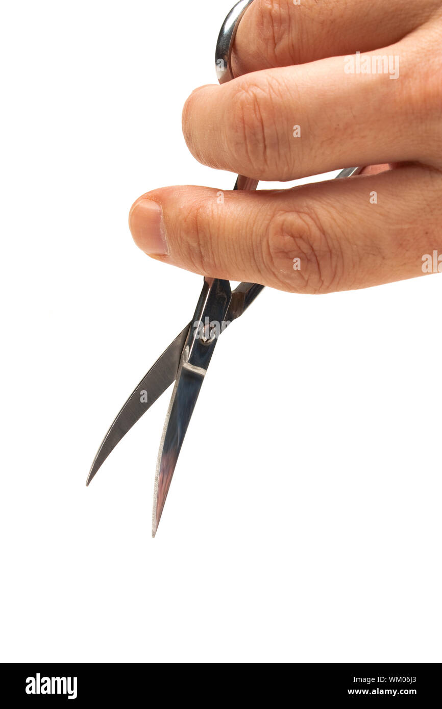 Chrome scissors in hand isolated on white background Stock Photo Alamy