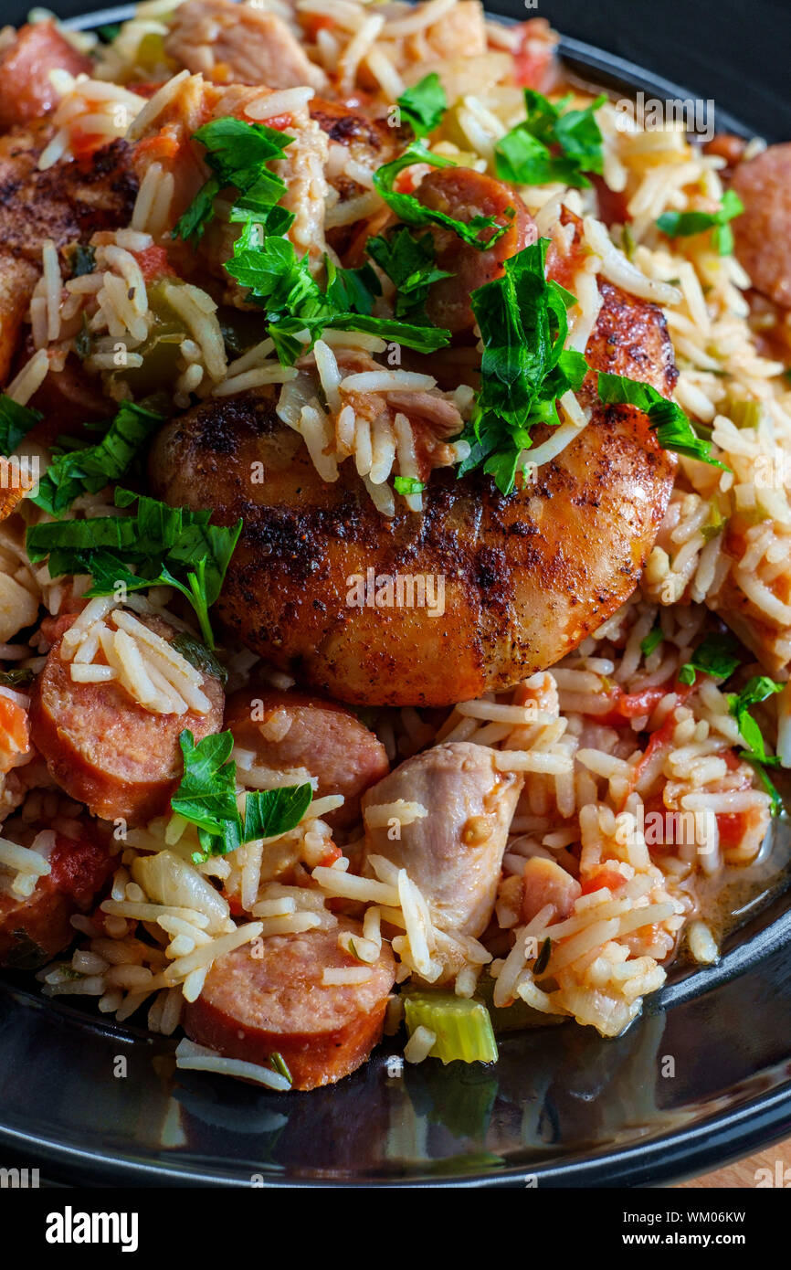 Creole bowl of chicken shrimp and andouille sausage Jambalaya with rice