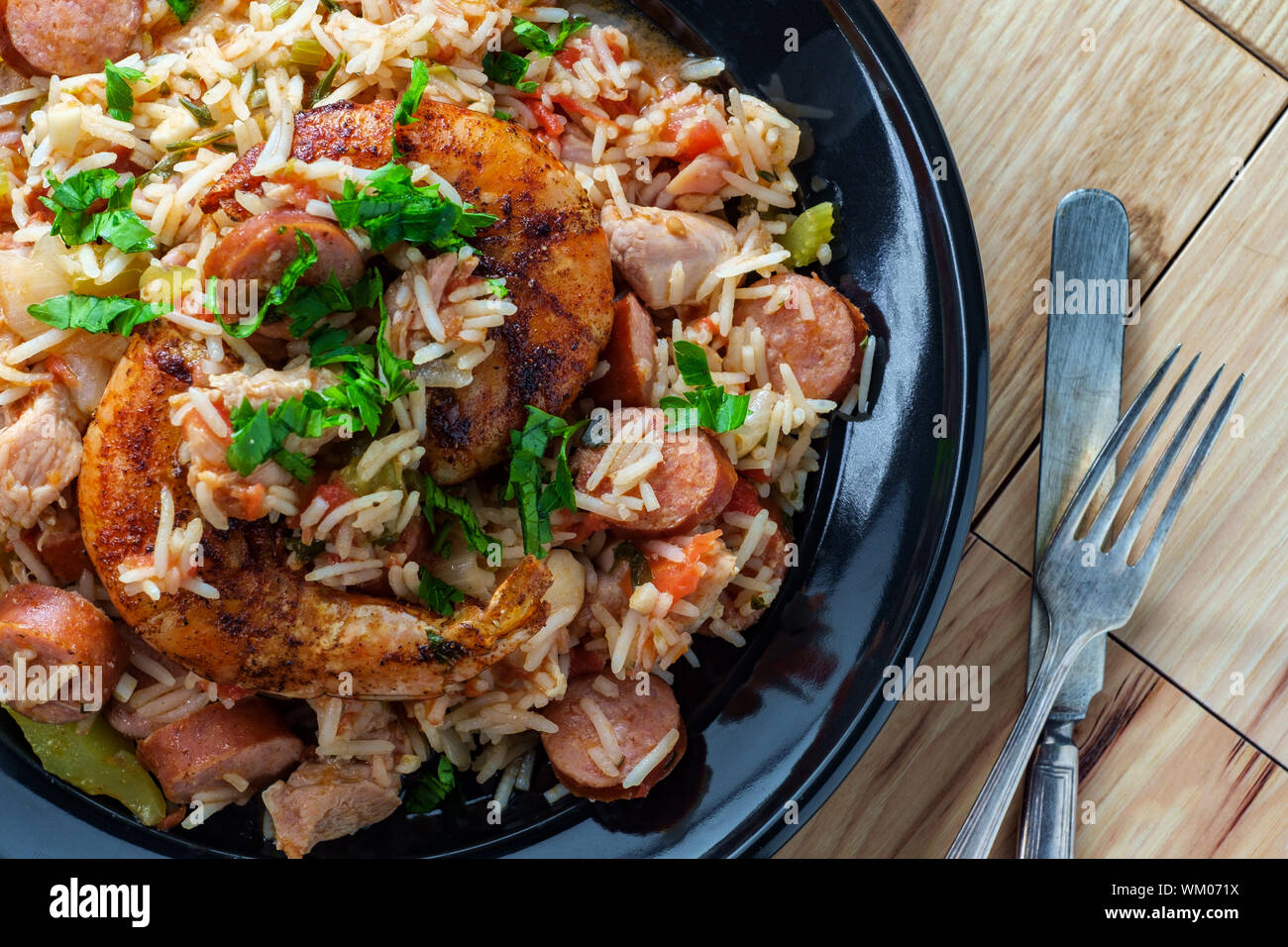 Creole bowl of chicken shrimp and andouille sausage Jambalaya with rice