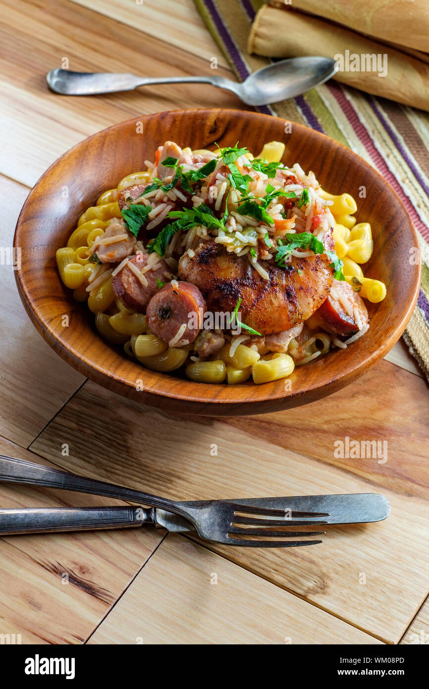 Creole bowl of chicken shrimp and andouille sausage Jambalaya with