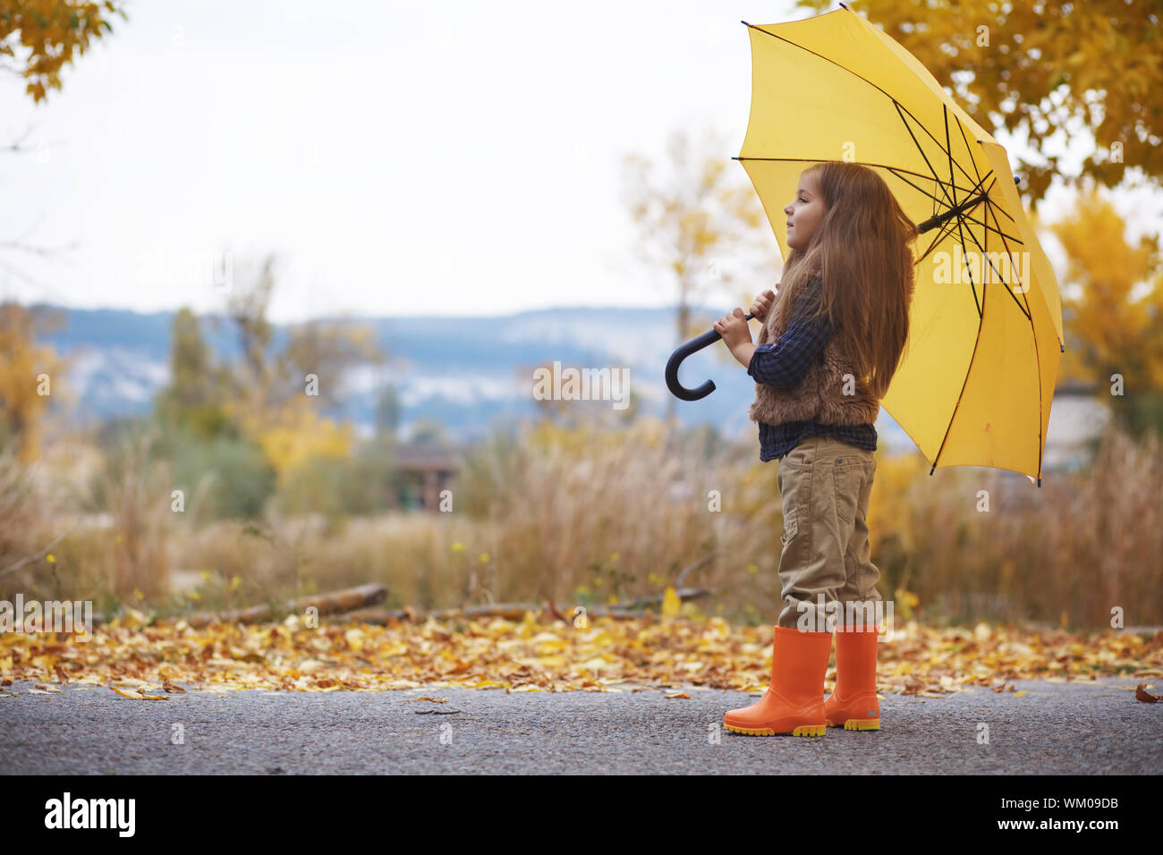 Little child walking with umbrella in the rain in fall park Stock Photo ...