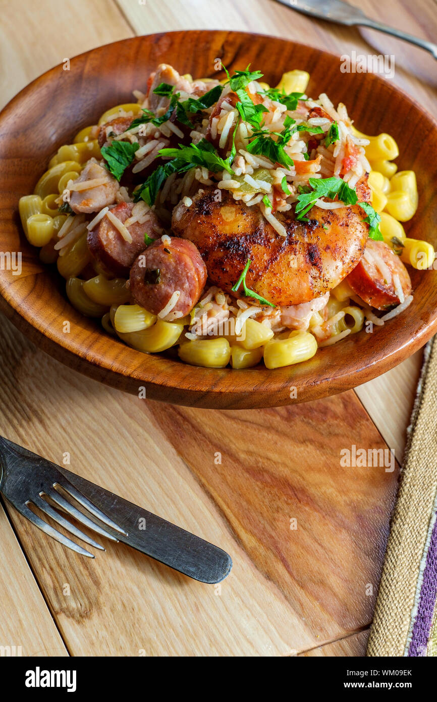 Creole bowl of chicken shrimp and andouille sausage Jambalaya with