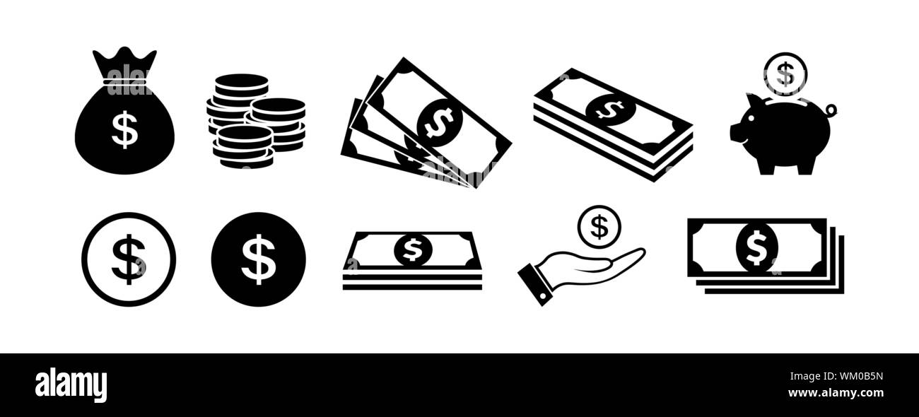 Money Icon Set In Flat Style Money Bag Coins And Dollar Symbols Piggy Bank And Money In Hand Icons Isolated On White Paper Money Icons In Black Ve Stock Vector Image