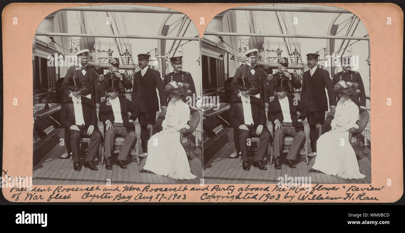U.S. President Theodore Roosevelt (1st row center), Edith Roosevelt (1st row right) and Guests aboard Mayflower during Review of War Fleet, Oyster Bay, New York, USA, Stereo Card, William H. Rau, August 17, 1903 Stock Photo