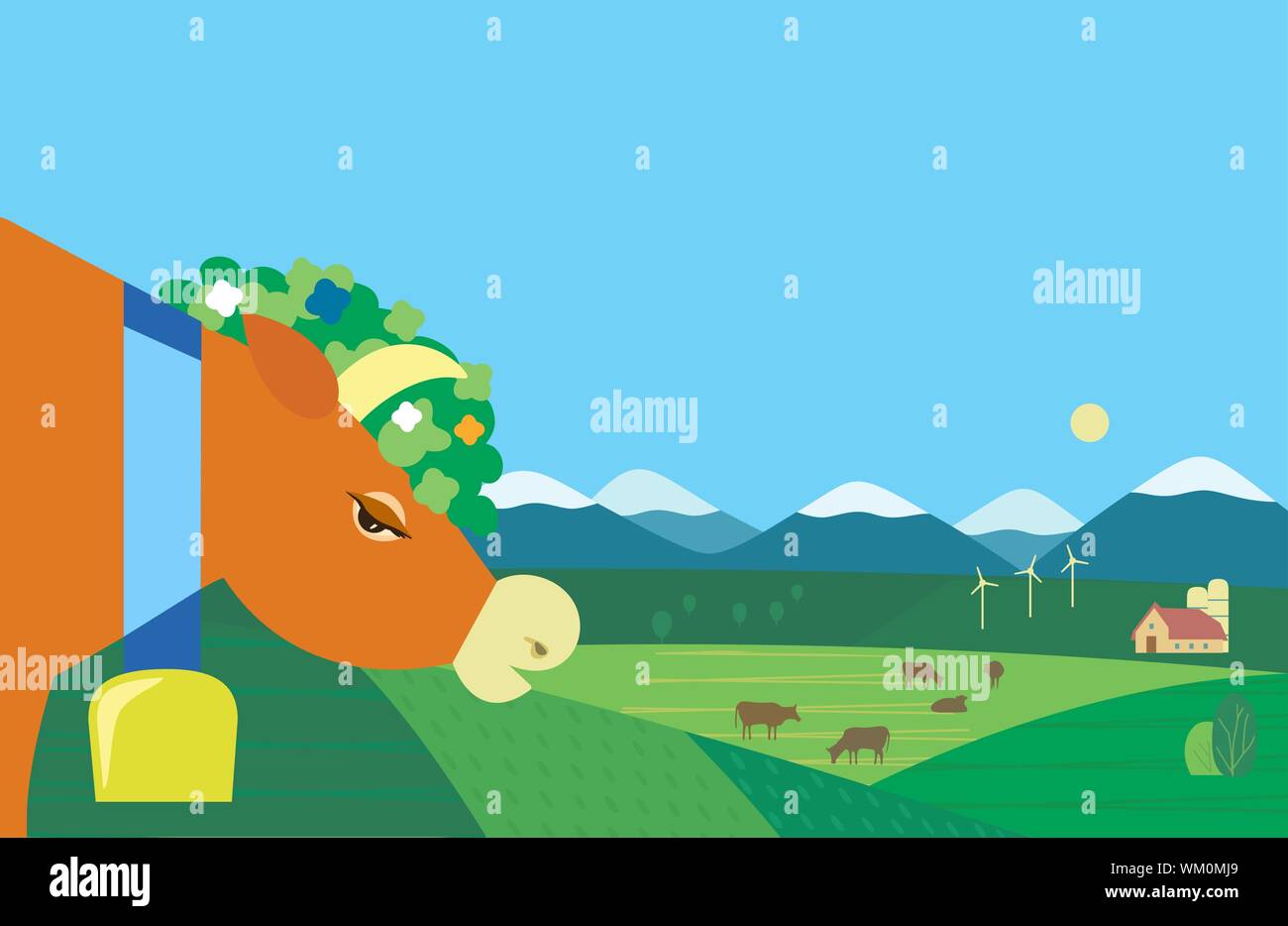 Hand drawn rural nature landscape cows farm Stock Vector Image & Art ...